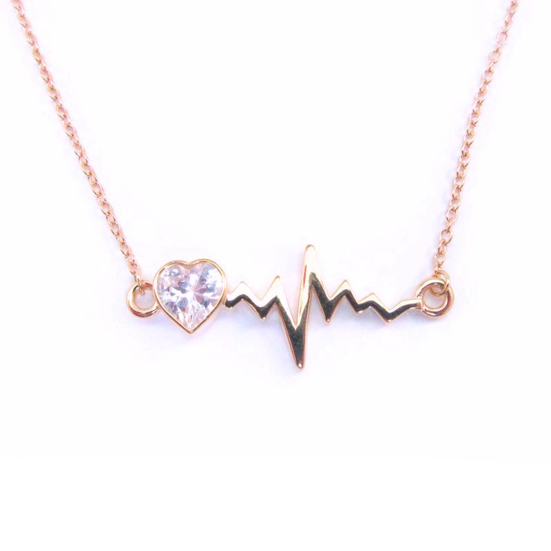 Sterling Silver Rose goldplated Heartbeat Necklace - CZ Heart - Click Image to Close